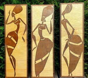 Wall Art Wooden Picture Decoration Set - African Ladies 20cm x 60cm (3pcs) - Foto 1 di 9