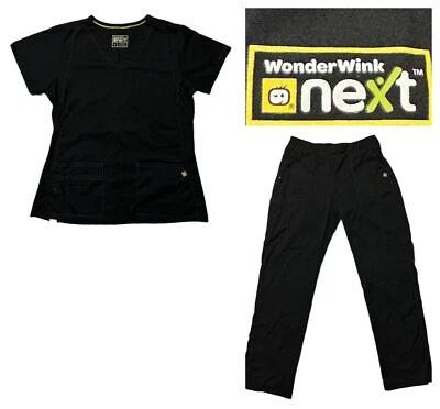 WonderWink Next Medical Nurses Scrubs Set Top and Pants Womens Size Medium Black - Image 1 of 4