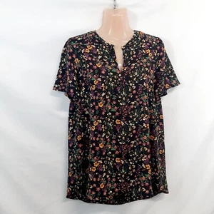 Pleione Top Blouse Shirt Women Size S Black Floral V Neck Pullover Short Sleeve - Picture 1 of 12