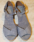 Toms Chambray Denim Cork Wedge Peep Toe Ankle Strap Shoes Sz 6 EUC