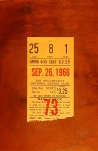 Jim Bunning Comes Off Phillies Bench for RARE 11th Inning Relief Win 1966 Ticket - Picture 1 of 15