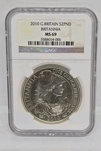 2010 G Britain 1 oz . Silver Britannia 2 Pounds NGC MS69 - Picture 1 of 4