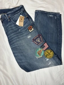 Polo Ralph Lauren Vintage Classic Distressed Patchwork Blue Jeans 36x34 NWT $298 - Picture 1 of 11