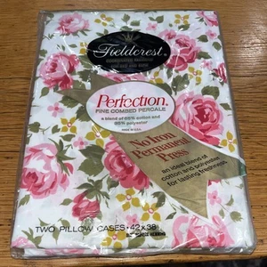 Vintage Fieldcrest Rosa Blumen Kissenhülle Set Kein Bügeln Perkal Poly Baumwolle Neu - Bild 1 von 2