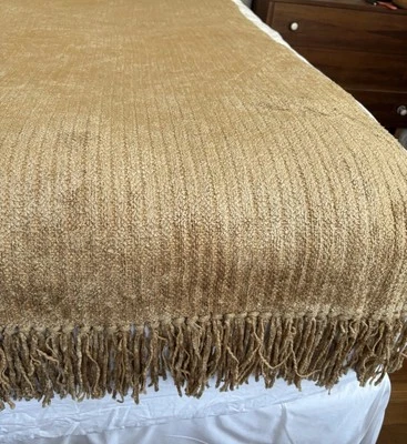 Restoration Hardware Chenille Gold Tone Ribbed Fringed Throw Blanket  53” X 78” - Image 1 of 4