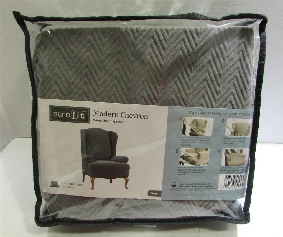 Sure Fit Modern Chevron Wing Chair With T-cushion Slipcover Gray