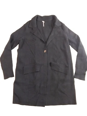 Suéter túnica Free People para mujer L negro 1 botón muescas cuello bolsillos usado en excelente estado Foto 1 de 4