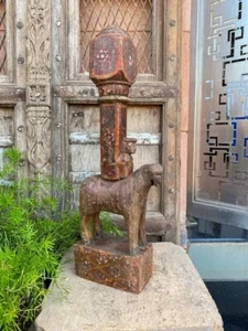 1800s Antique Wooden Handmade Man Riding Horse Floral Painted Pilar Figurine Old - Picture 1 of 14