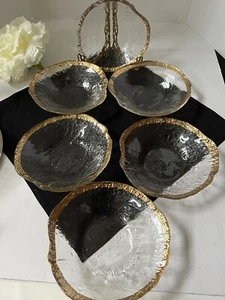 Vintage Glacier Ice IVV Italian Textured Art Glass 10K Gold Trim 8.5" Set Of 6 - Picture 1 of 1