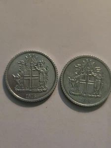 2 Iceland 1 Ein Krona 1978 & 1980 dates.. One Dollar coin. Island.  - Picture 1 of 2