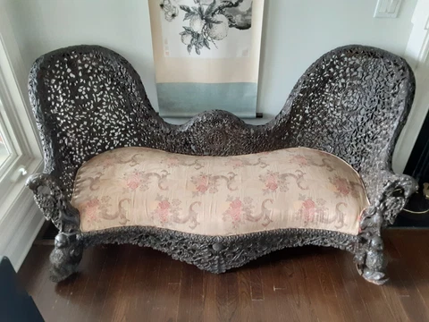 Indian typical hand carve wood settee with fabric seat Cover