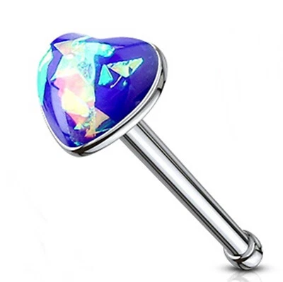 Nose Bone Ring Heart Glitter Opal Dark Blue 3mm Head 20 Gauge 1/4" Steel - Изображение 1 из 3