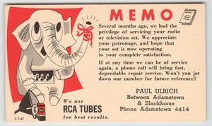 Cartolina Pubblicità Paul Ulrich RCA Televisione e Radio Tubi Adamstown, PA. - Foto 1 di 2