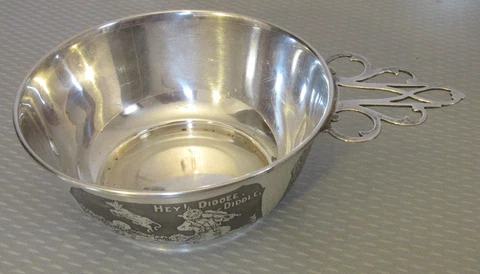 antique STERLING SILVER BABY PORRINGER etched Nursery Rhyme child Wilcox Wagner Cover