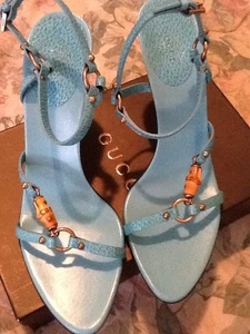 Gucci Turquoise Leather Heels With Bamboo Size 10 NEW WITH BOX - Picture 1 of 2
