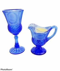 Vintage Fostoria Avon Cobalt Blue Glass Goblet Creamer Pitcher George Washington - Picture 1 of 9