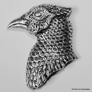 Pheasant Head Pewter Pin Brooch-British Artisan Signed Badge- Hunting, Shooting
