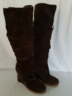 Steven by Steve Madden 棕色麂皮绒绑带及膝高坡跟靴 8 M 码 — 第 1/4 张图片