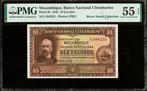 Mozambique 10 Escudos 1945 Pick # 95 About UNC PMG 55 EPQ - Picture 1 of 2