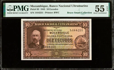 Mozambique 10 Escudos 1945 Pick # 95 About UNC PMG 55 EPQ - Image 1 of 2