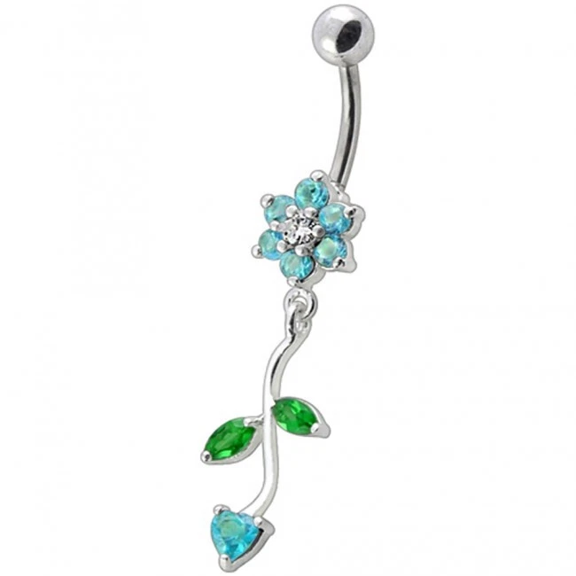 Sterling Silver Small Light Blue Crystal Flower Dangle Belly Button Bar - Image 1 of 1