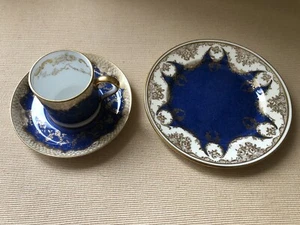 Antique Crown Staffordshire Blue & Gold Roses Demitasse Cup/Saucer/Plate Trio #5 - Picture 1 of 11