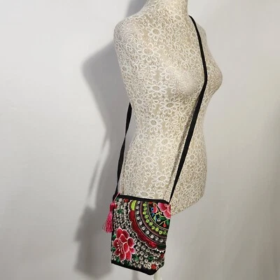 Women's Detail Floral Embroidered Black Small Crossbody Shoulder Bag Lightweight - Image 1 of 4