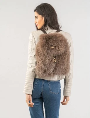 Mochila de piel de zorro real beige-marrón Foto 1 de 4