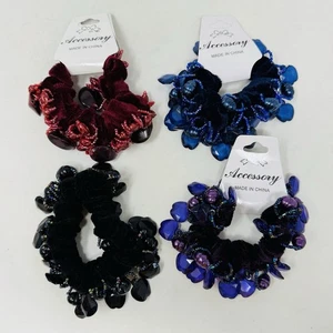 Accessory Bejeweled Velvet Hair Ponytail Holder Bracelet Scrunchy Set Of 4 Color - Picture 1 of 5