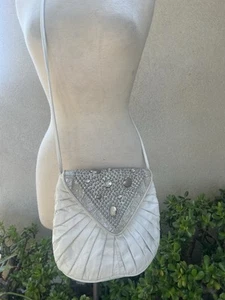 Vtg 80s Leather Shoulder Bag White With Studs Rhinestone 11” X 9” - Picture 1 of 11