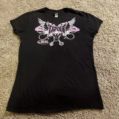 VTG Y2K Tapout & Bud Light Collab T-Shirt Black Babydoll L Punk Grunge Graphic T - Image 1 of 4