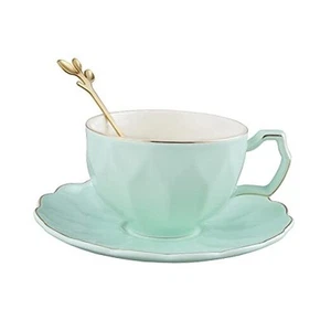 Embossed Tea Cup and Saucer Set for 1, Porcelain Coffee Cup for Women, Green - Picture 1 of 5