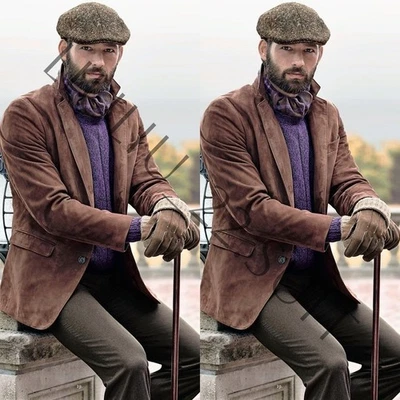 Brown Suede Men's Suits Winter Vintage Wedding Groom Prom Tuxedos Two Pieces - Image 1 of 4