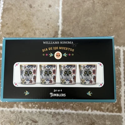 Vaso Williams Sonoma Día de los Muertos Día de los Muertos 4 GLD RIM Calavera VIDRIO Foto 1 de 4