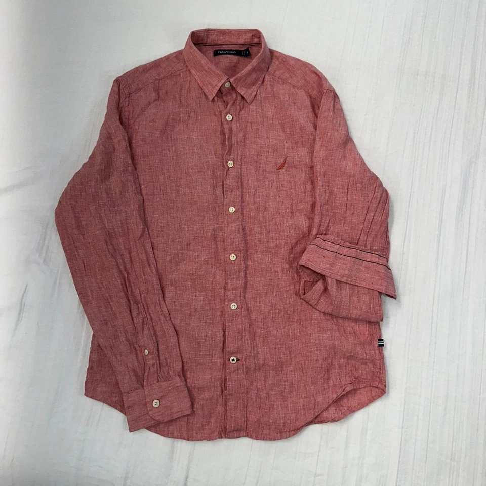 Camisa de Vestir Nautica Roja Lino Abotonada Informal Preppy Negocios Bordado Logo Foto 1 de 4