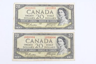 Lot of 2 - 1954 Bank of Canada $20 Banknotes Devil's Face - Image 1 of 2