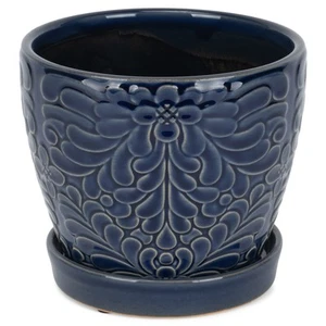Floral Embossed Ceramic Pot with Cobalt Blue Glaze for Indoor Plants Planter,... - Picture 1 of 6