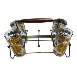 Vtg Four Glasses and Wire & Wood Caddy  MCM Gold  Set - Picture 1 of 9
