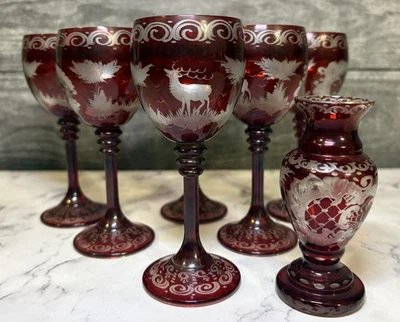 VINTAGE EGERMANN? RUBY RED BOHEMIAN CZECH CUT TO CLEAR CORDIAL GLASSES 5" SET 6 - Image 1 of 4
