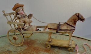 Bel attelage charrette  poupée tête porcelaine beau cheval, 1880 sortie grenier