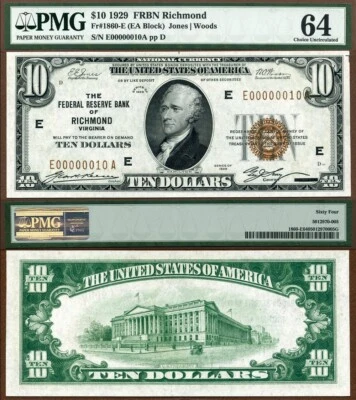 Serial Number 10 on a $10 1929 $10 FRBN PMG CU64 FR-1860-E Richmond Virginia - Image 1 of 3