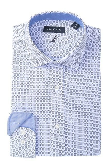 Nautica 158318 Men's Printed Classic Fit White w/ Blue Dress Shirt Size L - Image 1 of 1