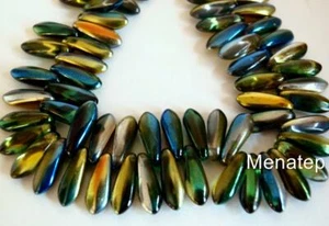50 3 x 11 mm Czech Glass Dagger Beads: Coated - Marea Blue/Gold - Picture 1 of 1