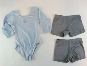Girls Danskin 3 Piece Blue Long Sleeve Leotard Gray Shorts Size Small 6/6X - Picture 1 of 7