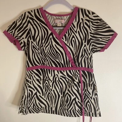 Koi Scrub Top Medical Uniform Mock Neck Black White Pink Small - Image 1 of 4