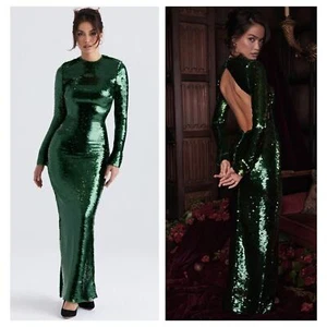 HOUSE OF CB Belle Sequin Long Sleeve Open Back Maxi Dress Size Medium - Picture 1 of 11
