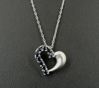 Necklace Silver Heart Blue Sapphire Stones Dainty Sterling 925 Pendant Chain   - Image 1 of 4