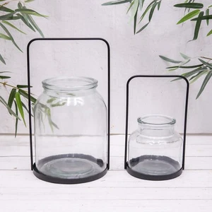 Glas Windlicht Kerzenlaterne Lampe groß schwarz Metall Stumpenkerzenhalter Geschenk - Bild 1 von 10