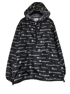 Champion Windbreaker Hoodie Jacket Men’s 1XL All Over Print Script Logo Black - Picture 1 of 5