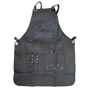 Denim Apron Leather Strap Barista Workwear Barber Pocket Studio Uniform Apron - Picture 1 of 4